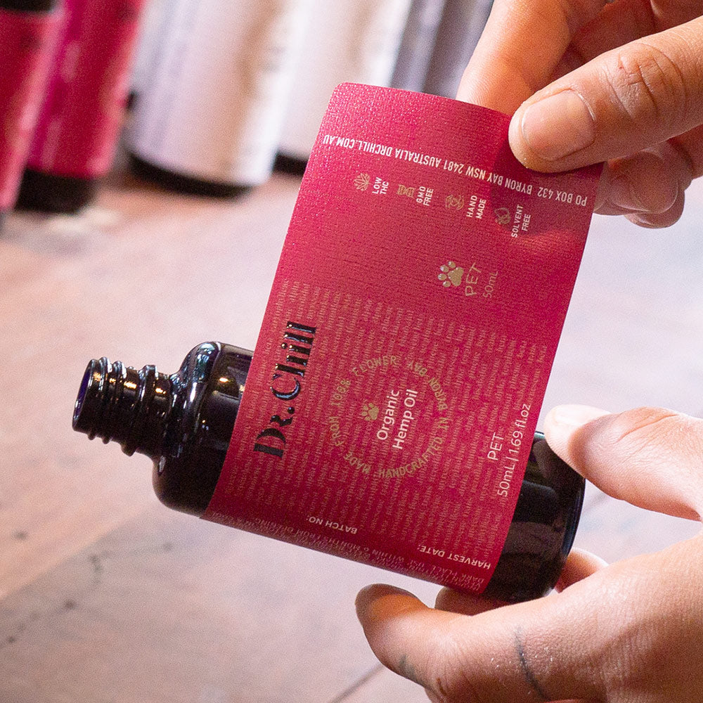 Adding label to Dr Chill's hemp oil for pets