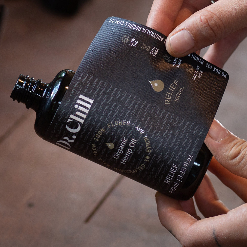 Adding label to Dr Chill Organic Hemp Oil Byron Bay Relief Bottle