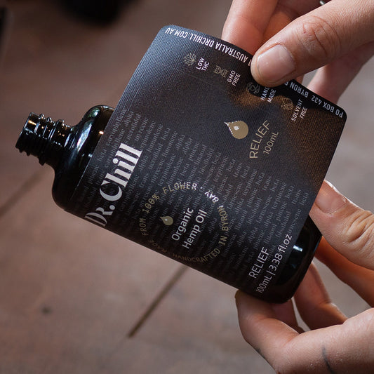 Adding label to Dr Chill Organic Hemp Oil Byron Bay Relief Bottle