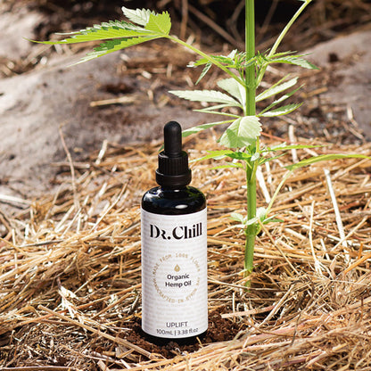 Dr Chill Organic Hemp Oil Byron Bay Uplift Bottle with hemp plant